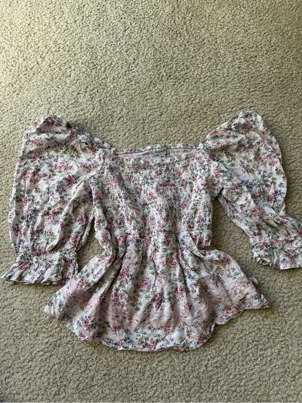 Tilly's White Floral Off-Shoulder Peasant Blouse with Pink and Green Print